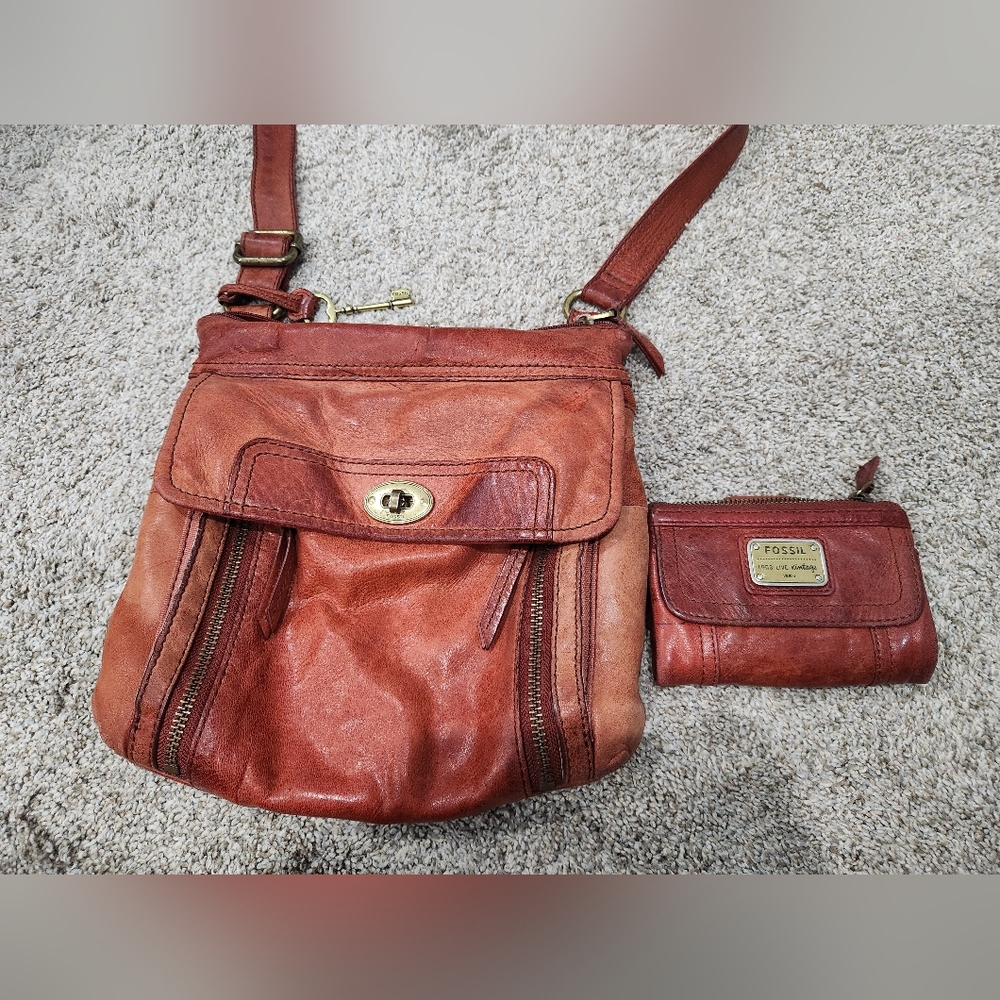Fossil Rustic Red Leather Crossbody and Wallet Set
